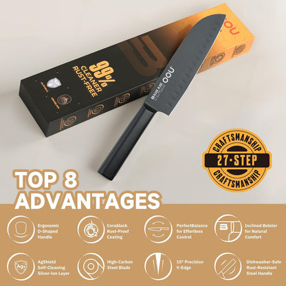 ® Black Blade 7 Inch Santoku Knife with AgShield™ & Cerablack™ Technology, Rust-Resistant & Easy-Clean Finish, Japanese Style Hollow Edge for Dicing & Mincing