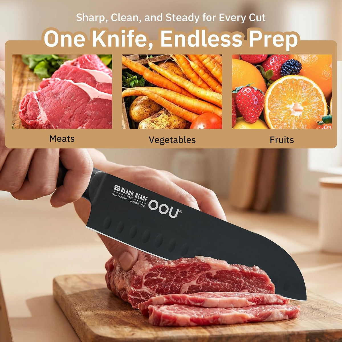 ® Black Blade 7 Inch Santoku Knife with AgShield™ & Cerablack™ Technology, Rust-Resistant & Easy-Clean Finish, Japanese Style Hollow Edge for Dicing & Mincing