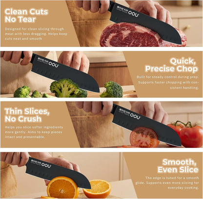 ® Black Blade 7 Inch Santoku Knife with AgShield™ & Cerablack™ Technology, Rust-Resistant & Easy-Clean Finish, Japanese Style Hollow Edge for Dicing & Mincing