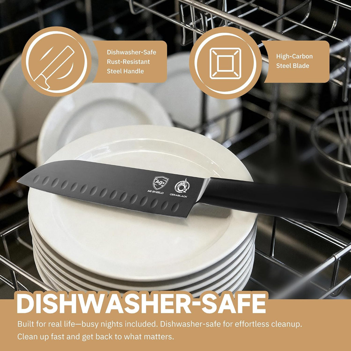 ® Black Blade 7 Inch Santoku Knife with AgShield™ & Cerablack™ Technology, Rust-Resistant & Easy-Clean Finish, Japanese Style Hollow Edge for Dicing & Mincing
