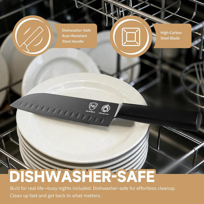 ® Black Blade 7 Inch Santoku Knife with AgShield™ & Cerablack™ Technology, Rust-Resistant & Easy-Clean Finish, Japanese Style Hollow Edge for Dicing & Mincing