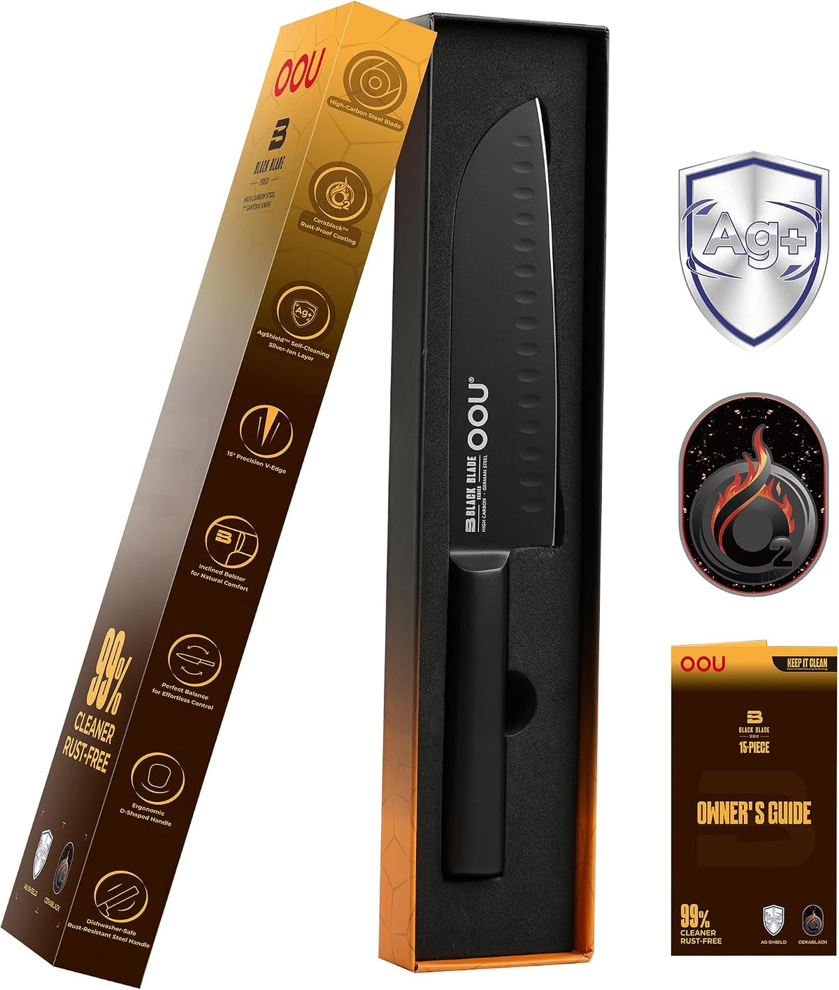 ® Black Blade 7 Inch Santoku Knife with AgShield™ & Cerablack™ Technology, Rust-Resistant & Easy-Clean Finish, Japanese Style Hollow Edge for Dicing & Mincing