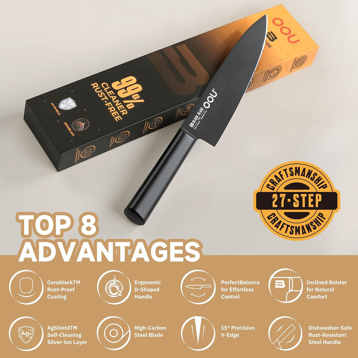 ® Black Blade 7 Inch Santoku Knife with AgShield™ & Cerablack™ Technology, Rust-Resistant & Easy-Clean Finish, Japanese Style Hollow Edge for Dicing & Mincing