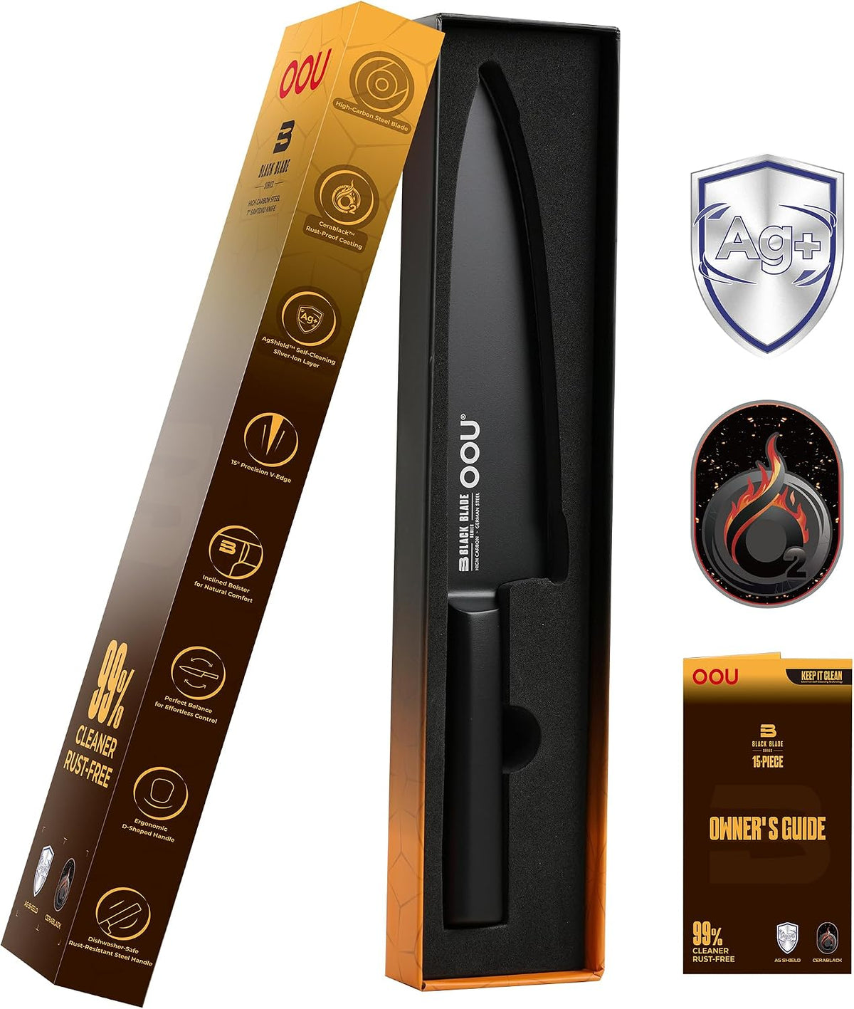® Black Blade 7 Inch Santoku Knife with AgShield™ & Cerablack™ Technology, Rust-Resistant & Easy-Clean Finish, Japanese Style Hollow Edge for Dicing & Mincing