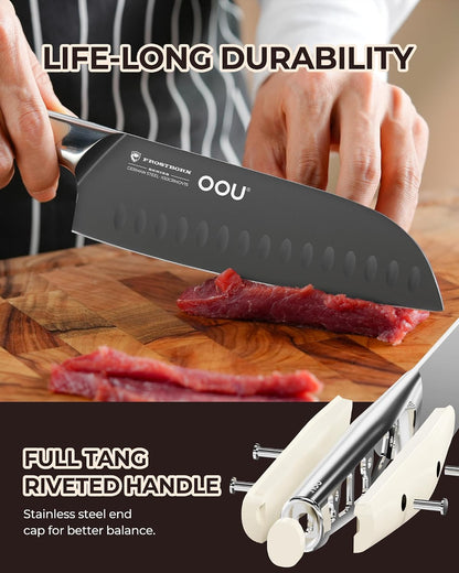 ® Black Blade 7 Inch Santoku Knife with AgShield™ & Cerablack™ Technology, Rust-Resistant & Easy-Clean Finish, Japanese Style Hollow Edge for Dicing & Mincing