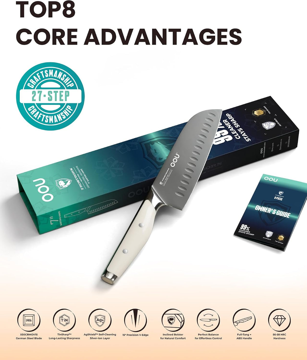 ® Black Blade 7 Inch Santoku Knife with AgShield™ & Cerablack™ Technology, Rust-Resistant & Easy-Clean Finish, Japanese Style Hollow Edge for Dicing & Mincing