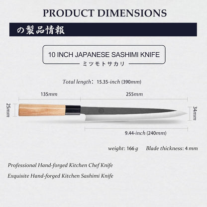 10 Inch Japanese Sashimi Knife, Tungsten Alloy | Single-Bevel Edge, Clean Pull Cuts, Fish Filleting & Slicing, Sushi Making, Manchurian Ash Wood Handle