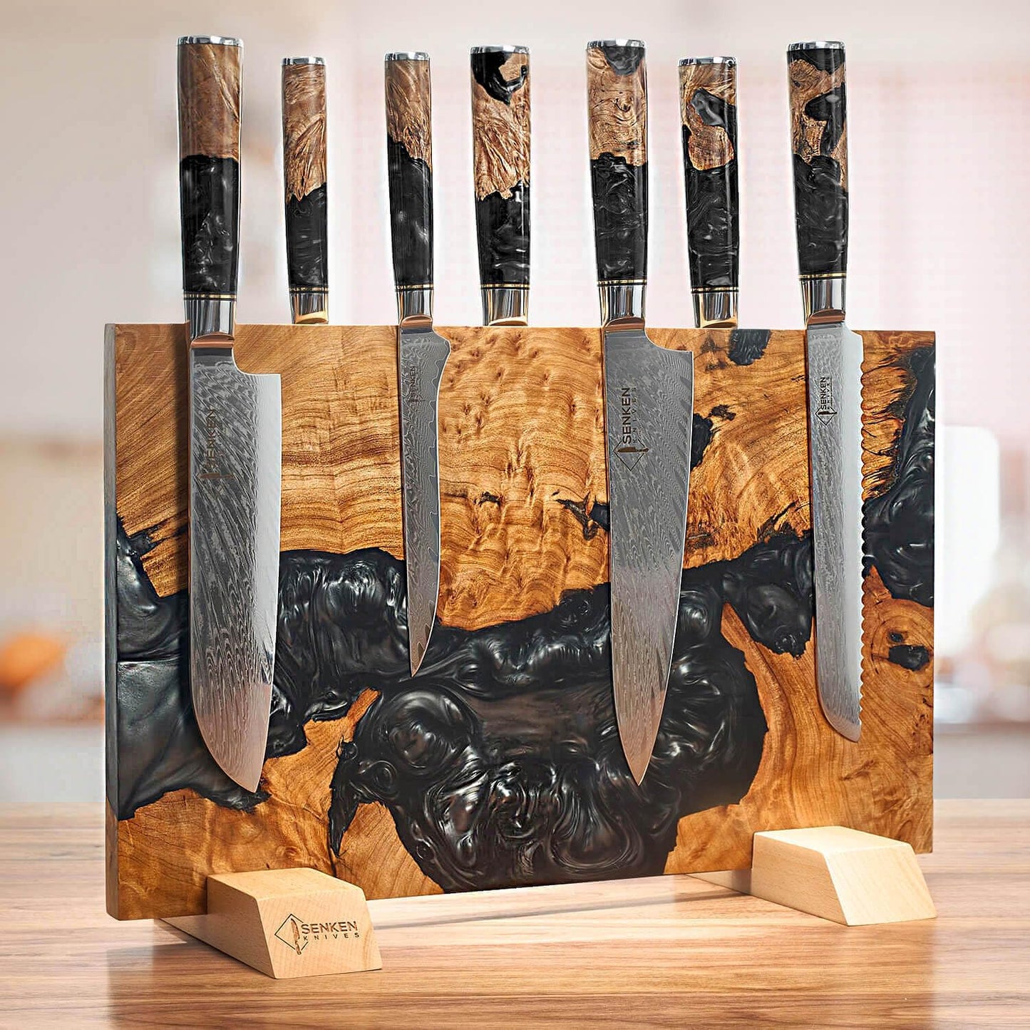SENKEN "Black Tsunami" Extra Large Magnetic Knife Block - Holds Up to 16 Knives - Knife Block without Knives, Universal Knife Holder, Beautiful Dark Resin Burl Wood Blend (Black Resin)