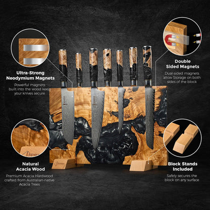 SENKEN "Black Tsunami" Extra Large Magnetic Knife Block - Holds Up to 16 Knives - Knife Block without Knives, Universal Knife Holder, Beautiful Dark Resin Burl Wood Blend (Black Resin)