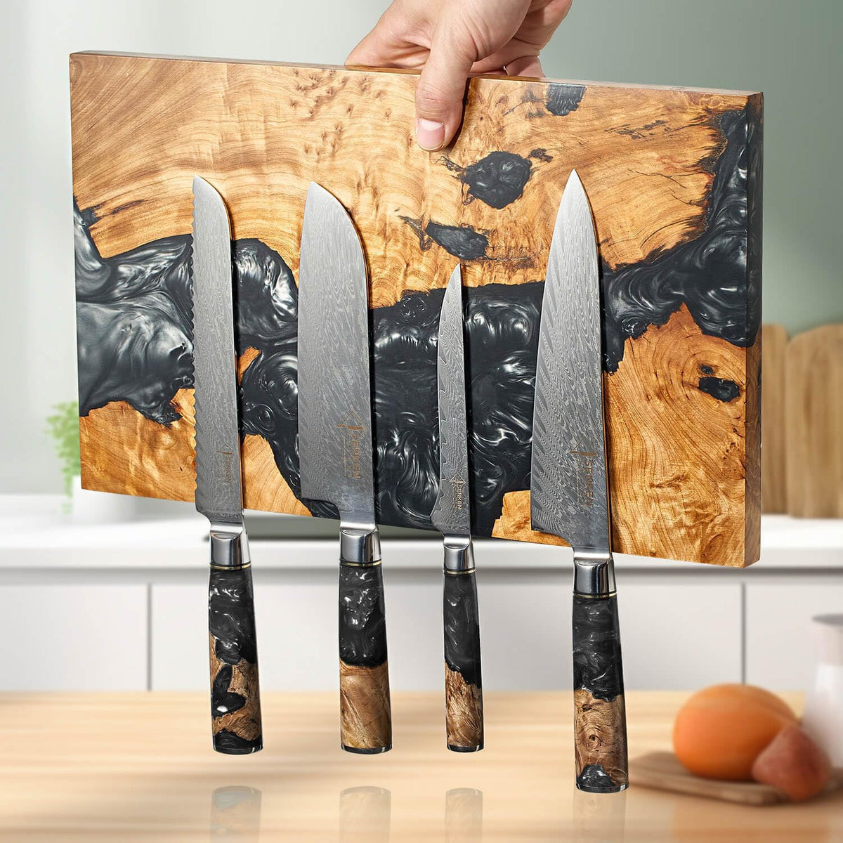SENKEN "Black Tsunami" Extra Large Magnetic Knife Block - Holds Up to 16 Knives - Knife Block without Knives, Universal Knife Holder, Beautiful Dark Resin Burl Wood Blend (Black Resin)