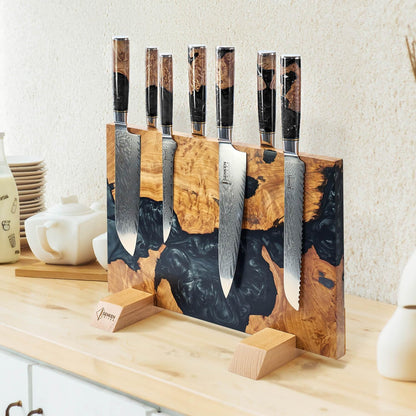 SENKEN "Black Tsunami" Extra Large Magnetic Knife Block - Holds Up to 16 Knives - Knife Block without Knives, Universal Knife Holder, Beautiful Dark Resin Burl Wood Blend (Black Resin)