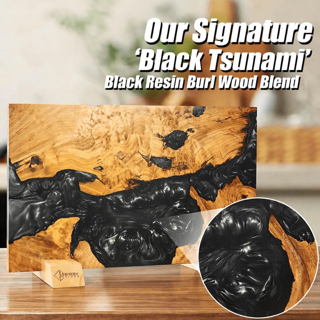 SENKEN "Black Tsunami" Extra Large Magnetic Knife Block - Holds Up to 16 Knives - Knife Block without Knives, Universal Knife Holder, Beautiful Dark Resin Burl Wood Blend (Black Resin)