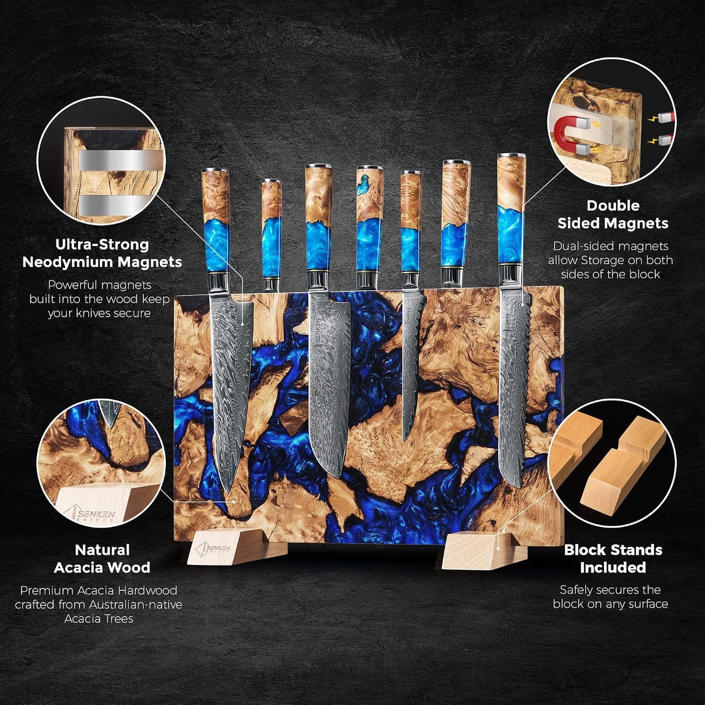 SENKEN "Black Tsunami" Extra Large Magnetic Knife Block - Holds Up to 16 Knives - Knife Block without Knives, Universal Knife Holder, Beautiful Dark Resin Burl Wood Blend (Black Resin)
