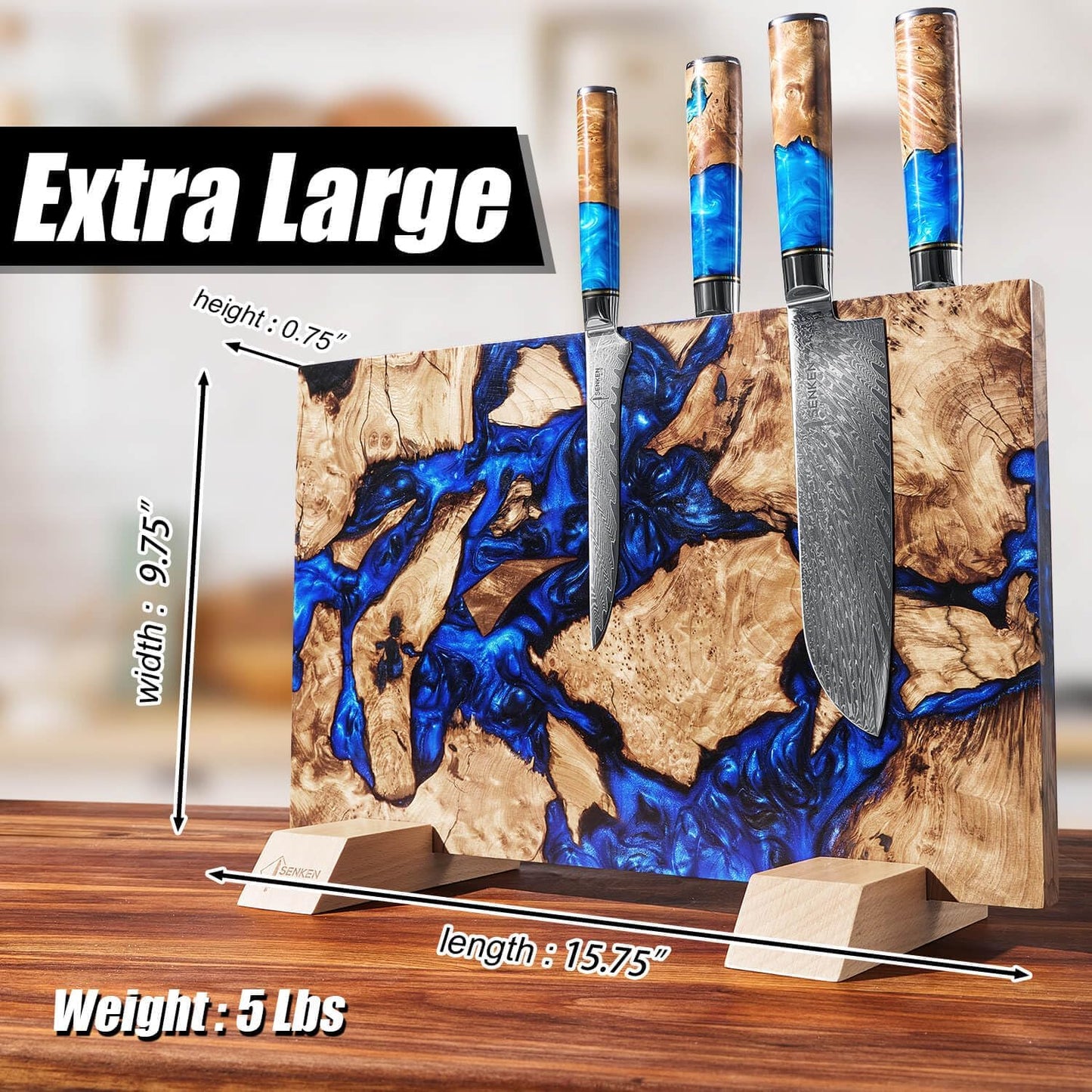 SENKEN "Black Tsunami" Extra Large Magnetic Knife Block - Holds Up to 16 Knives - Knife Block without Knives, Universal Knife Holder, Beautiful Dark Resin Burl Wood Blend (Black Resin)