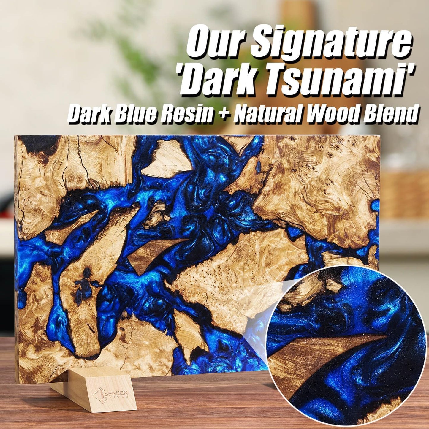 SENKEN "Black Tsunami" Extra Large Magnetic Knife Block - Holds Up to 16 Knives - Knife Block without Knives, Universal Knife Holder, Beautiful Dark Resin Burl Wood Blend (Black Resin)