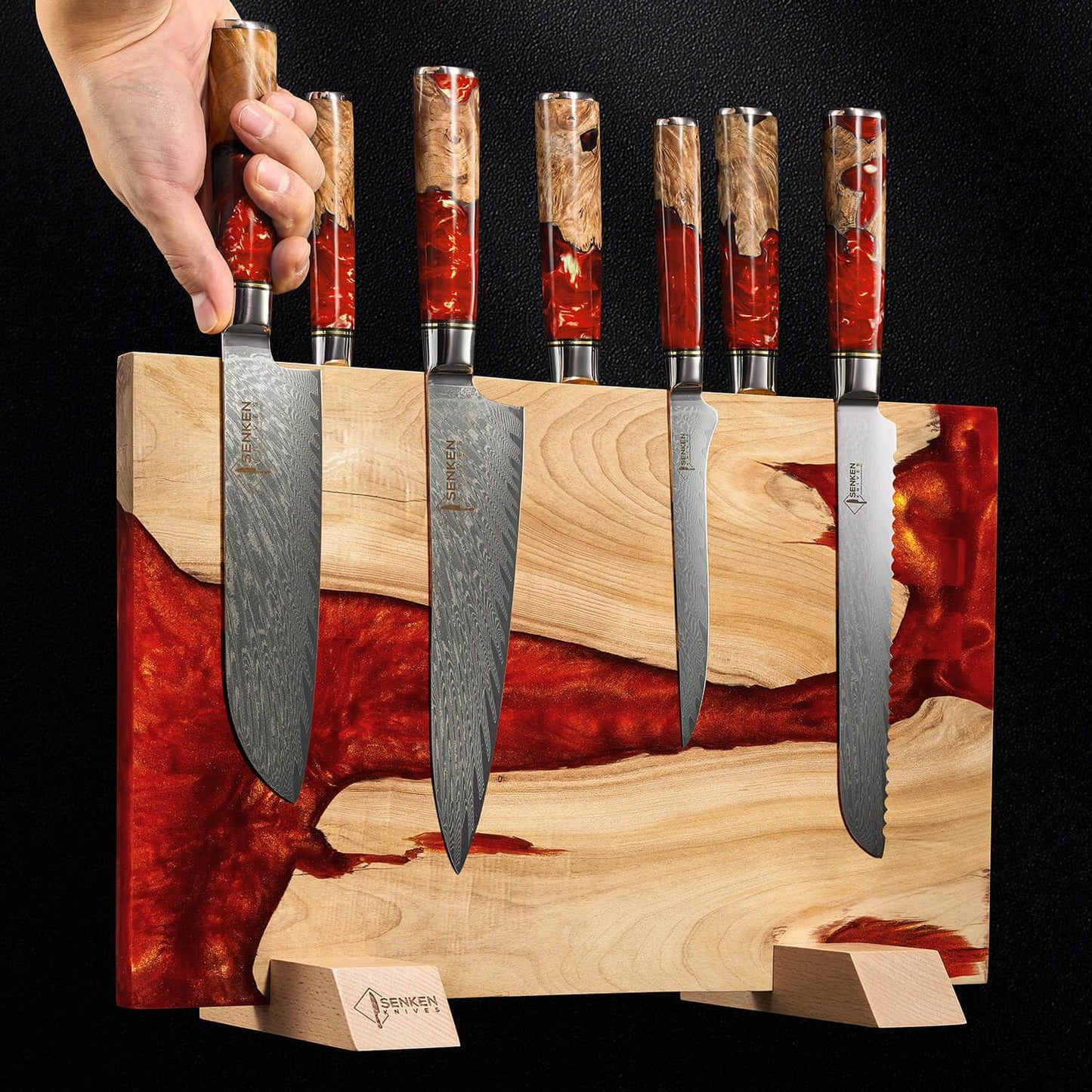 SENKEN "Black Tsunami" Extra Large Magnetic Knife Block - Holds Up to 16 Knives - Knife Block without Knives, Universal Knife Holder, Beautiful Dark Resin Burl Wood Blend (Black Resin)
