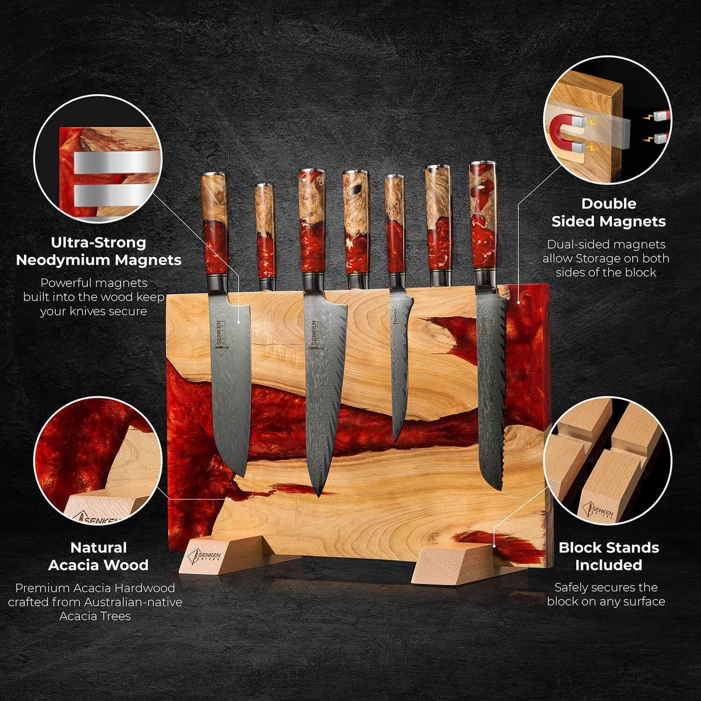 SENKEN "Black Tsunami" Extra Large Magnetic Knife Block - Holds Up to 16 Knives - Knife Block without Knives, Universal Knife Holder, Beautiful Dark Resin Burl Wood Blend (Black Resin)