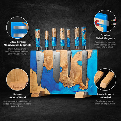 SENKEN "Black Tsunami" Extra Large Magnetic Knife Block - Holds Up to 16 Knives - Knife Block without Knives, Universal Knife Holder, Beautiful Dark Resin Burl Wood Blend (Black Resin)