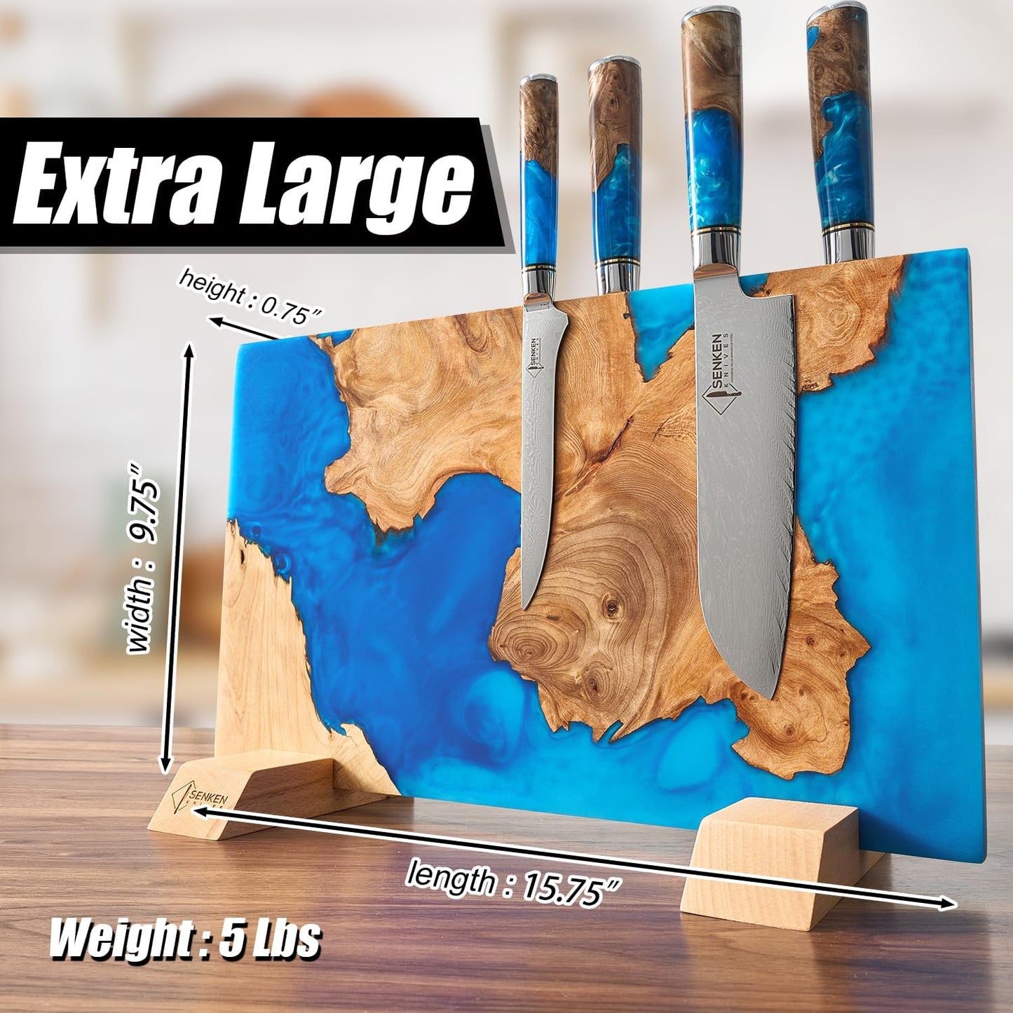 SENKEN "Black Tsunami" Extra Large Magnetic Knife Block - Holds Up to 16 Knives - Knife Block without Knives, Universal Knife Holder, Beautiful Dark Resin Burl Wood Blend (Black Resin)