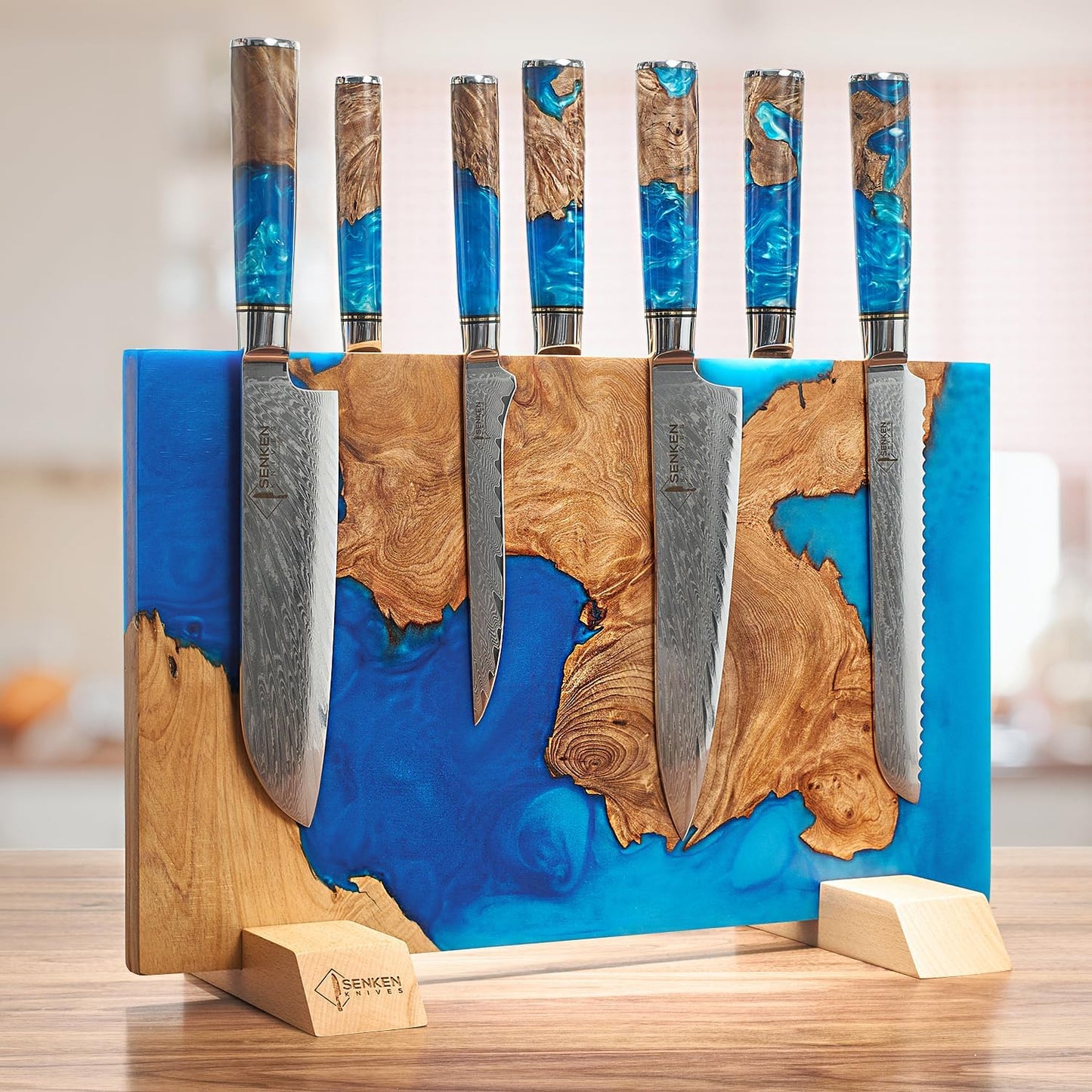 SENKEN "Black Tsunami" Extra Large Magnetic Knife Block - Holds Up to 16 Knives - Knife Block without Knives, Universal Knife Holder, Beautiful Dark Resin Burl Wood Blend (Black Resin)