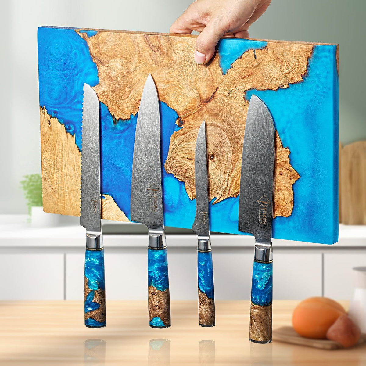 SENKEN "Black Tsunami" Extra Large Magnetic Knife Block - Holds Up to 16 Knives - Knife Block without Knives, Universal Knife Holder, Beautiful Dark Resin Burl Wood Blend (Black Resin)