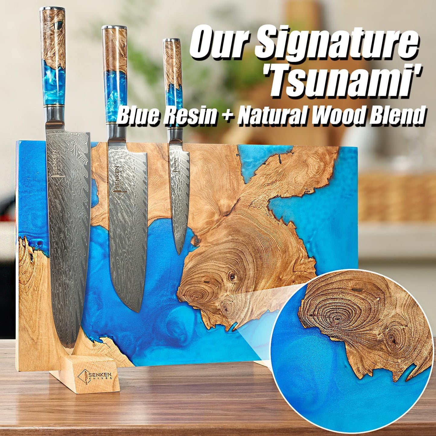 SENKEN "Black Tsunami" Extra Large Magnetic Knife Block - Holds Up to 16 Knives - Knife Block without Knives, Universal Knife Holder, Beautiful Dark Resin Burl Wood Blend (Black Resin)