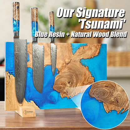 SENKEN "Black Tsunami" Extra Large Magnetic Knife Block - Holds Up to 16 Knives - Knife Block without Knives, Universal Knife Holder, Beautiful Dark Resin Burl Wood Blend (Black Resin)