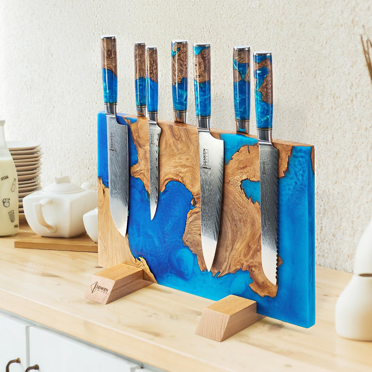 SENKEN "Black Tsunami" Extra Large Magnetic Knife Block - Holds Up to 16 Knives - Knife Block without Knives, Universal Knife Holder, Beautiful Dark Resin Burl Wood Blend (Black Resin)