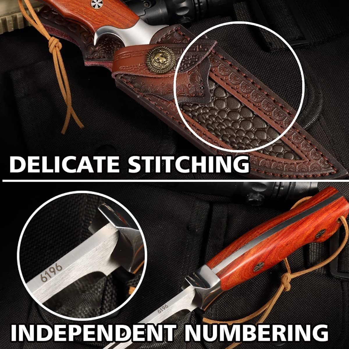 M390 Steel Handmade Hunting Knife, Fixed Blade Full-Tang with Leather Sheath, Red Wood Non-Slip Handle - Survival, Tactical, Camping knives