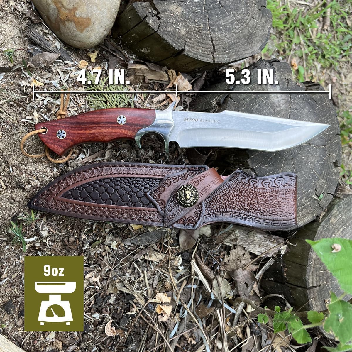 M390 Steel Handmade Hunting Knife, Fixed Blade Full-Tang with Leather Sheath, Red Wood Non-Slip Handle - Survival, Tactical, Camping knives