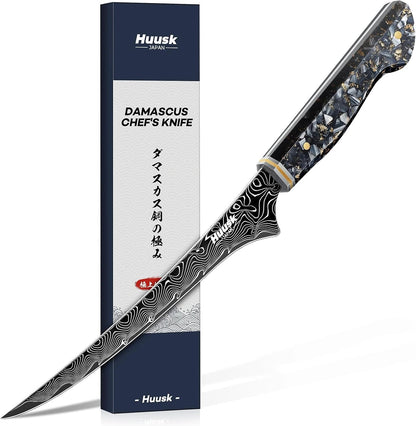 Huusk Damascus Fillet Knife 7 Inch, Japanese Ultra Sharp Boning Knife | Flexible Filet Knives with Resin Handle for Meat Poultry Chicken Cutting, Gifts for Men Women