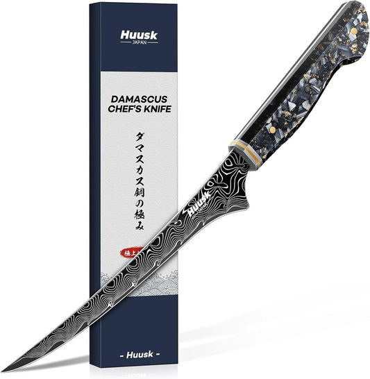 Huusk Damascus Fillet Knife 7 Inch, Japanese Ultra Sharp Boning Knife | Flexible Filet Knives with Resin Handle for Meat Poultry Chicken Cutting, Gifts for Men Women