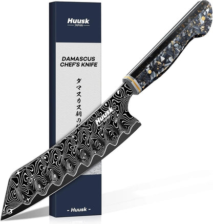 Huusk Damascus Fillet Knife 7 Inch, Japanese Ultra Sharp Boning Knife | Flexible Filet Knives with Resin Handle for Meat Poultry Chicken Cutting, Gifts for Men Women