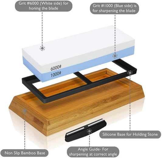 Whetstone Knife Sharpening Stone Set, 2-Sided Premium Wet Stone Sharpener 1000/6000 Grit Wetstone Kit for Kitchen knives with Non-Slip Bamboo and Silicon Base Angle Guide, Flattening Stone