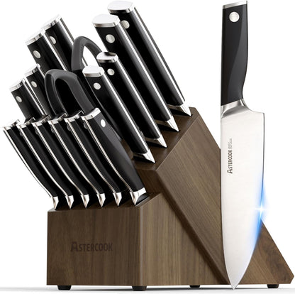 Knife Set, Kitchen Knives Set with Block and Sharpener Full Tang 17 Pcs German Stainless Steel Knives Sharp Blade Dishwasher Safe Premium Knife Set, Black Father Day Gifts for Men