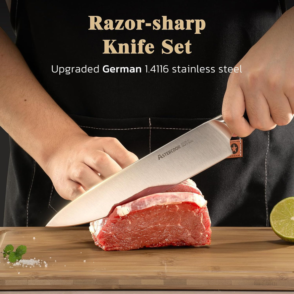 Knife Set, Kitchen Knives Set with Block and Sharpener Full Tang 17 Pcs German Stainless Steel Knives Sharp Blade Dishwasher Safe Premium Knife Set, Black Father Day Gifts for Men