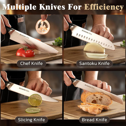 Knife Set, Kitchen Knives Set with Block and Sharpener Full Tang 17 Pcs German Stainless Steel Knives Sharp Blade Dishwasher Safe Premium Knife Set, Black Father Day Gifts for Men
