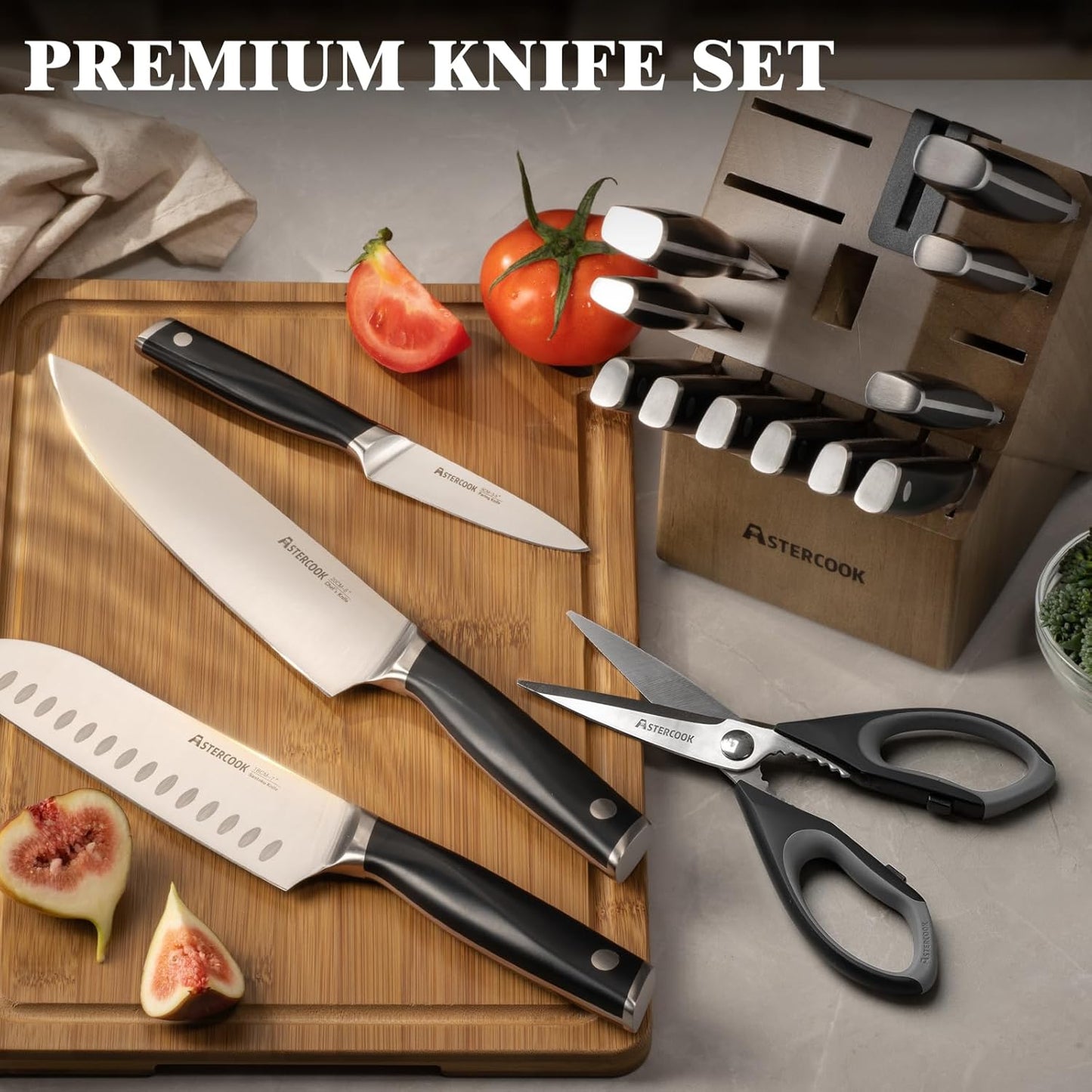 Knife Set, Kitchen Knives Set with Block and Sharpener Full Tang 17 Pcs German Stainless Steel Knives Sharp Blade Dishwasher Safe Premium Knife Set, Black Father Day Gifts for Men