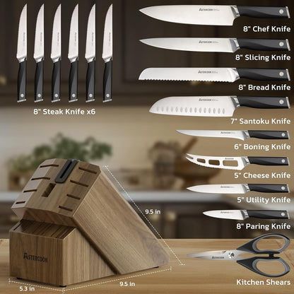 Knife Set, Kitchen Knives Set with Block and Sharpener Full Tang 17 Pcs German Stainless Steel Knives Sharp Blade Dishwasher Safe Premium Knife Set, Black Father Day Gifts for Men