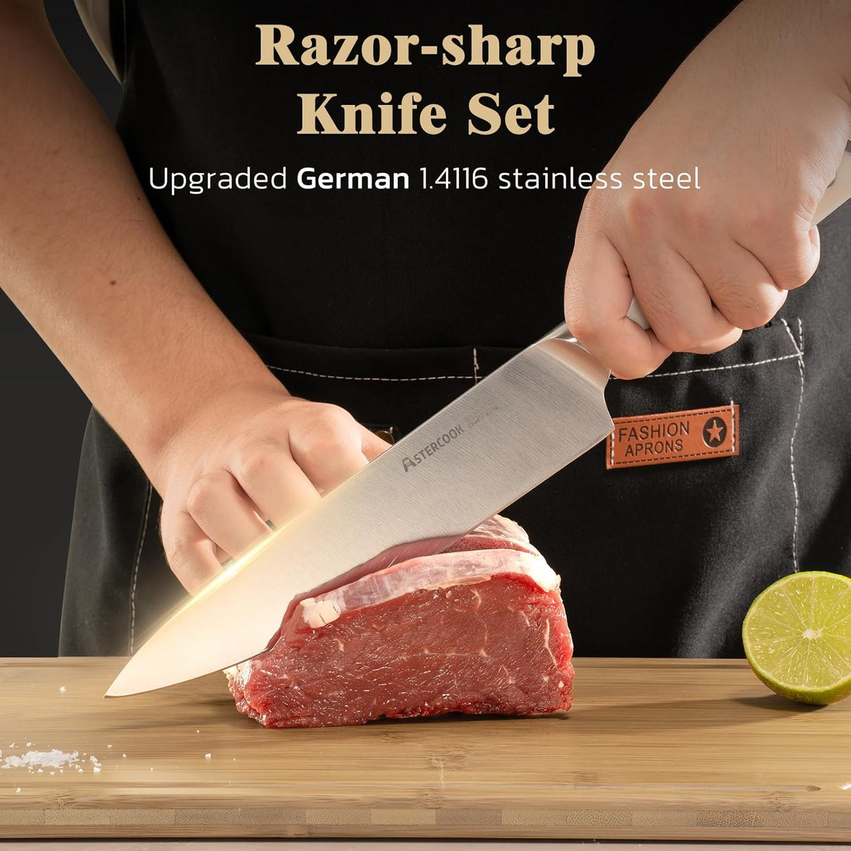 Knife Set, Kitchen Knives Set with Block and Sharpener Full Tang 17 Pcs German Stainless Steel Knives Sharp Blade Dishwasher Safe Premium Knife Set, Black Father Day Gifts for Men