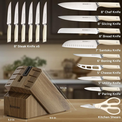 Knife Set, Kitchen Knives Set with Block and Sharpener Full Tang 17 Pcs German Stainless Steel Knives Sharp Blade Dishwasher Safe Premium Knife Set, Black Father Day Gifts for Men