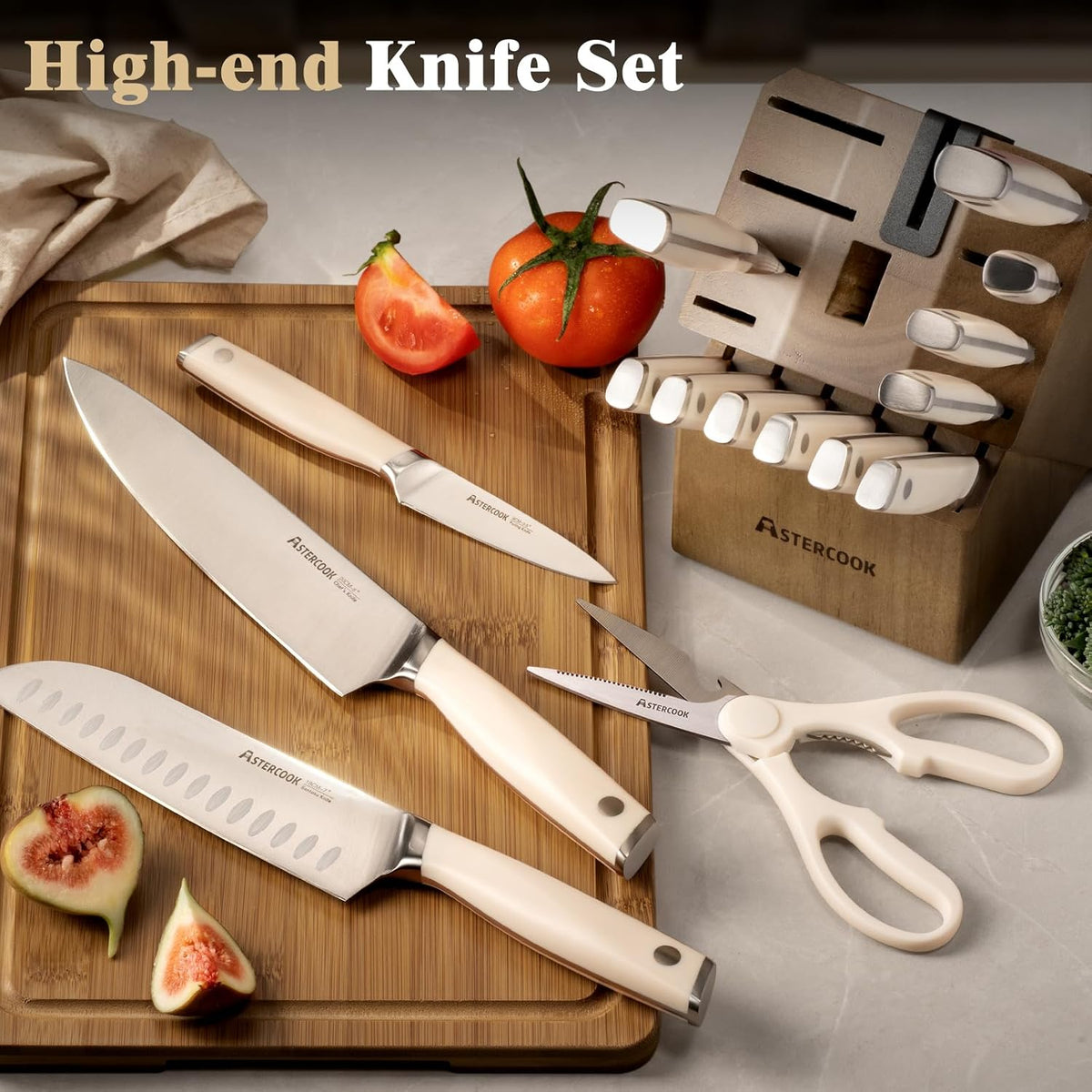 Knife Set, Kitchen Knives Set with Block and Sharpener Full Tang 17 Pcs German Stainless Steel Knives Sharp Blade Dishwasher Safe Premium Knife Set, Black Father Day Gifts for Men