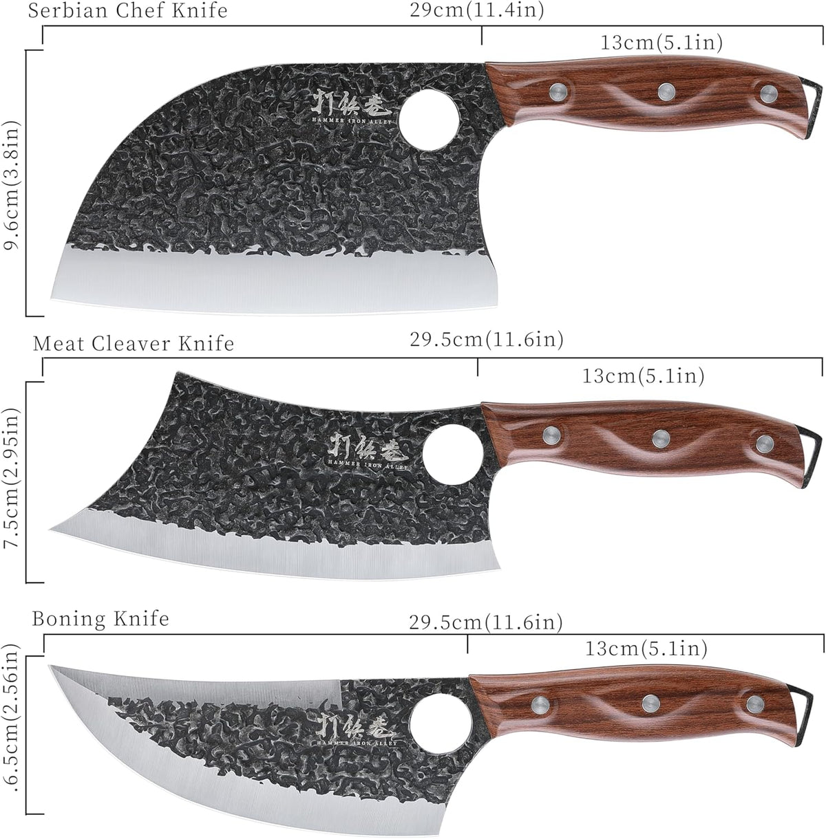 3PCS Butcher Knife Set, 7" Butcher Meat Cleaver, 7" Serbian Chef Knife and 6.5" Viking Knife, Hand Forged Kitchen Knife Set with Plastic Handle, Geat for Home, Camping, BBQ (Unique Finger Hole Design)