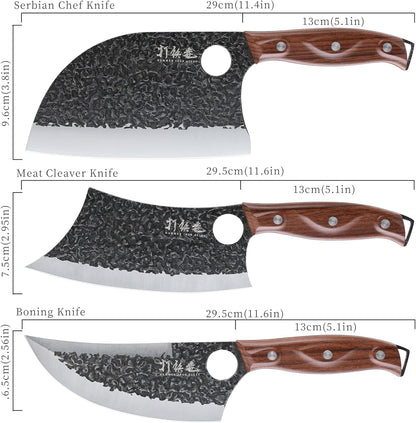 3PCS Butcher Knife Set, 7" Butcher Meat Cleaver, 7" Serbian Chef Knife and 6.5" Viking Knife, Hand Forged Kitchen Knife Set with Plastic Handle, Geat for Home, Camping, BBQ (Unique Finger Hole Design)