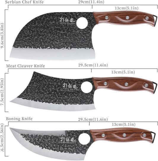 3PCS Butcher Knife Set, 7" Butcher Meat Cleaver, 7" Serbian Chef Knife and 6.5" Viking Knife, Hand Forged Kitchen Knife Set with Plastic Handle, Geat for Home, Camping, BBQ (Unique Finger Hole Design)