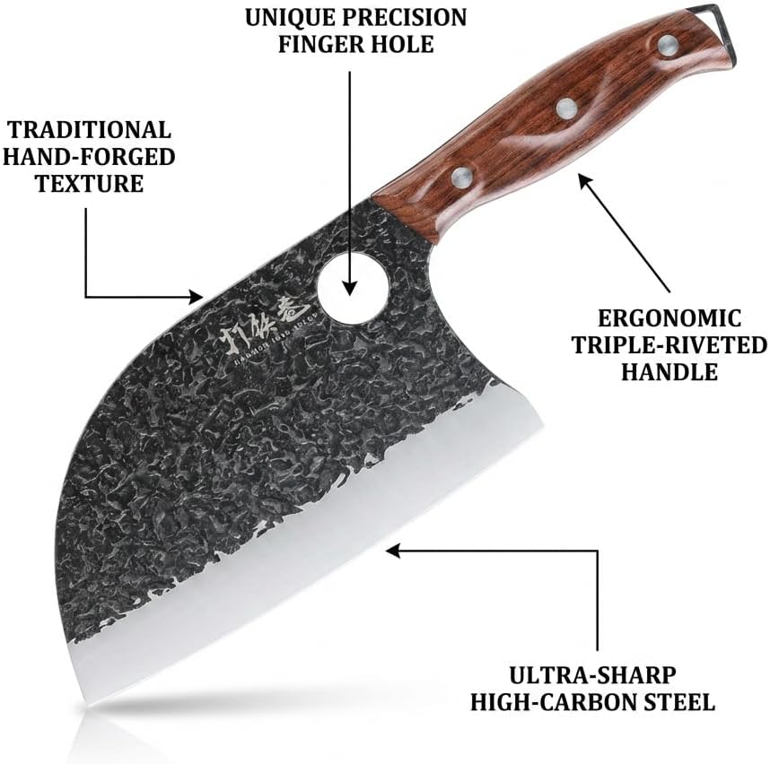 3PCS Butcher Knife Set, 7" Butcher Meat Cleaver, 7" Serbian Chef Knife and 6.5" Viking Knife, Hand Forged Kitchen Knife Set with Plastic Handle, Geat for Home, Camping, BBQ (Unique Finger Hole Design)