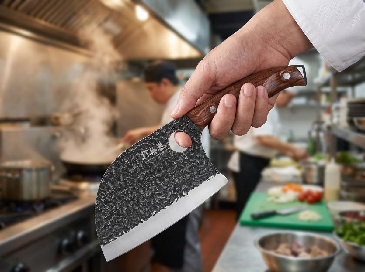 3PCS Butcher Knife Set, 7" Butcher Meat Cleaver, 7" Serbian Chef Knife and 6.5" Viking Knife, Hand Forged Kitchen Knife Set with Plastic Handle, Geat for Home, Camping, BBQ (Unique Finger Hole Design)