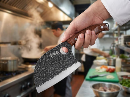 3PCS Butcher Knife Set, 7" Butcher Meat Cleaver, 7" Serbian Chef Knife and 6.5" Viking Knife, Hand Forged Kitchen Knife Set with Plastic Handle, Geat for Home, Camping, BBQ (Unique Finger Hole Design)
