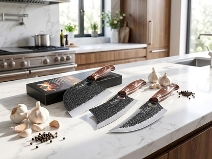 3PCS Butcher Knife Set, 7" Butcher Meat Cleaver, 7" Serbian Chef Knife and 6.5" Viking Knife, Hand Forged Kitchen Knife Set with Plastic Handle, Geat for Home, Camping, BBQ (Unique Finger Hole Design)