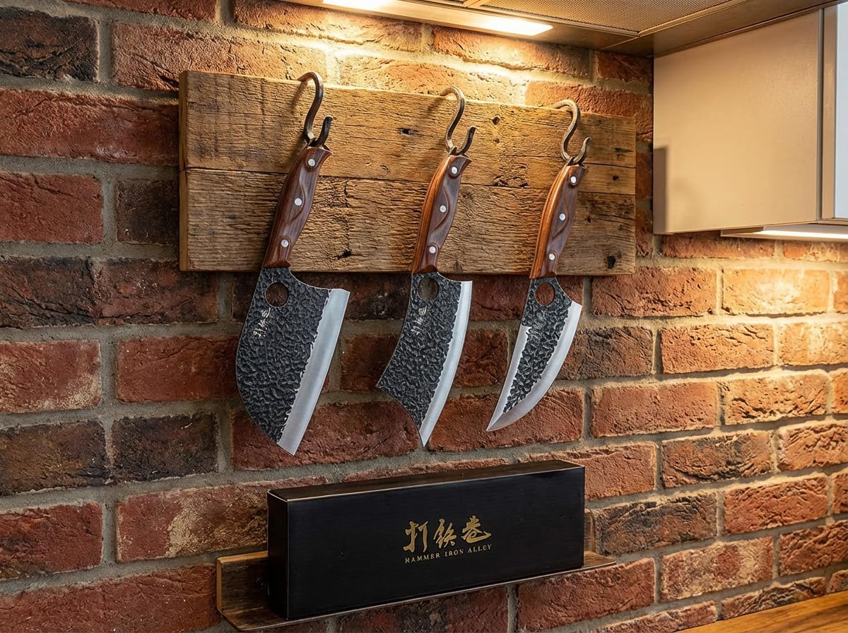 3PCS Butcher Knife Set, 7" Butcher Meat Cleaver, 7" Serbian Chef Knife and 6.5" Viking Knife, Hand Forged Kitchen Knife Set with Plastic Handle, Geat for Home, Camping, BBQ (Unique Finger Hole Design)